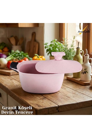 20 Cm Granit Köşeli Derin Tencere Alüminyum Kapak - Pembe Pembe