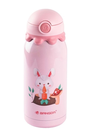 Bangda Pembe Paslanmaz Çelik Tavşan Desenli Çantalı Çocuk Termosu 600ml