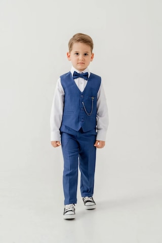 Erkek Çocuk Yelekli Slim Fit Takım Elbise 4 Parça Yelek, Pantolon, Gömlek, Papyon Te.7026 Saks Mavi