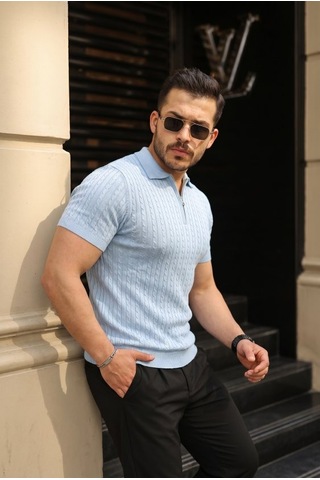 Veraura Lifestyle Erkek Örgü Desen Fermuar Yakalı Triko Tişört Bebe Mavisi