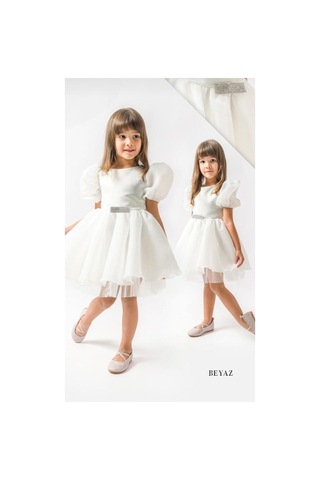 Nehirim Kids Tüllü Ve Saten Kız Çocuk Yazlık Beyaz Doğum Günü Özel Gün Düğün Abiyesi 2-3-4-5 Yaş Beyaz