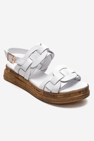 Luvishoes Elvoro Beyaz Hakiki Deri Örgü Bantlı Kadın Sandalet