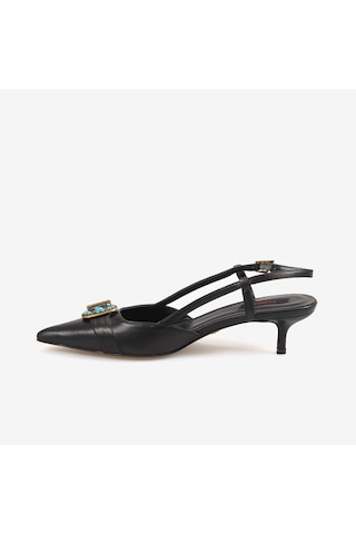 Rouge Kadın Taşlı Toka Detaylı Slingback Sivri Burun 6cm Topuklu Ayakkabı 7124 Siyah