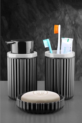 Lines Serisi Siyah Banyo Seti, 3 Parça Oval Akrilik Sabunluk Fırçalık ve Sıvı Sabunluk Takımı - 3319
