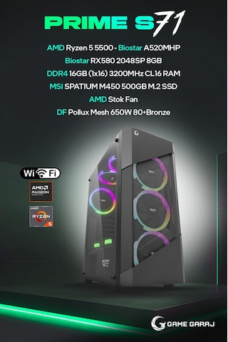 Game Garaj Prime S71 R5-5500 16 GB 500 GB SSD 8 GB RX580 Free Dos Oem Paket Masaüstü Oyuncu Bilgisayarı