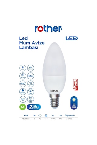 Rtl02111 Rother Led Mum Avize Ampul 6w E14 470 Lümen 4000k Gün Işığı - Enerji Tasarruflu Ampul