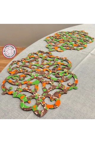 Uretti - Gülin 6449 - Ebru Sanatı İle Elde Yapılmış Lazer Kesim Keçe Supla 2li Takım 40cm - Kahverengi Çok Renkli