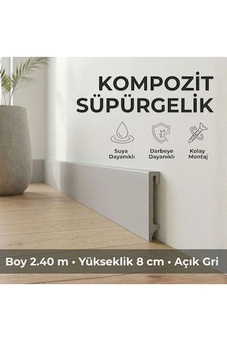 Espumo Kompozit Süpürgelik 8 cm Açık Gri | Suya Dayanıklı Parke Duvar Süpürgelik 2,40 m ESP202