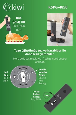 Pilli Işıklı Tuz Karabiber Değirmeni Otomatik Baharat Öğütücü 2li Paket Siyah