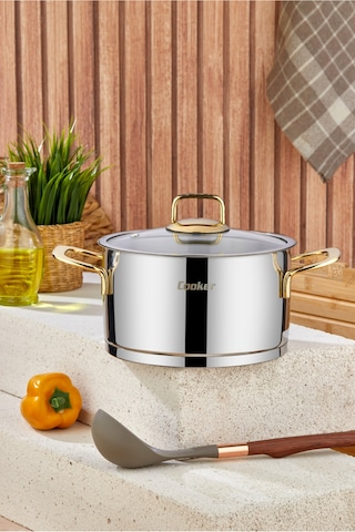 Cooker Bomonti 16 Cm 2 Litre İndüksiyon Uyumlu Paslanmaz Çelik Gold Kulplu Derin Tencere Ckr3467