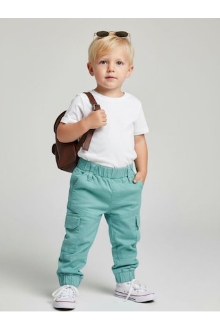 Zekids Erkek Bebek Pamuklu Beli Lastikli Kargo Pantolon-16933 Yeşil
