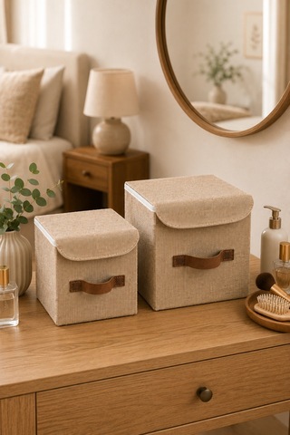 2li Kapaklı Jüt Organizer Kutu Seti 20x20x20 Cm - 25x25x25 Cm Katlanabilir Düzenleme Kutusu Organizer Seti Dolap, Raf Ve Banyo Düzeni İçin Doğal