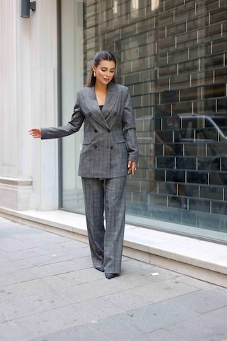 6 Düğmeli Kruvaze Ekose Takım Gri Gri