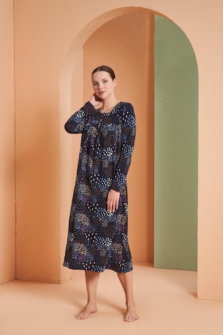 Pjs Kadın Desenli Yuvarlak Düğmeli Yaka Uzun Kollu Gecelik Lacivert