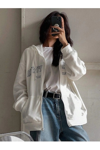 Relax&Basic Ünisex Basic Slim Fit Kapüşonlu Fermuarlı Cepli Sweatshirt Bej Bej Beyaz