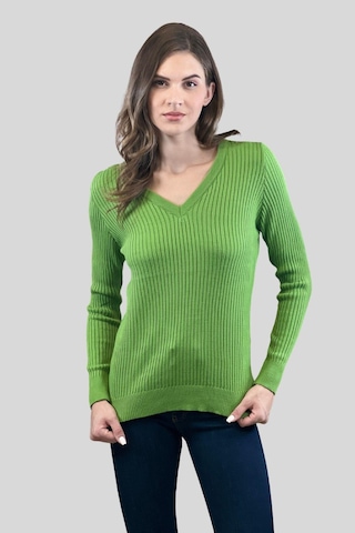 Miss Poem Kadın V Yaka Slim Fit Fitilli Uzun Kışlık Ekru Triko Kazak Yeşil