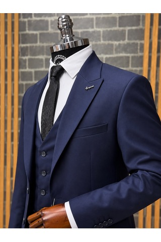 Dupont Classics Erkek Slim Fit 6 Drop Sivri Yaka Yelekli Poliviskon Çift Yırtmaç Takım Elbise Lacivert