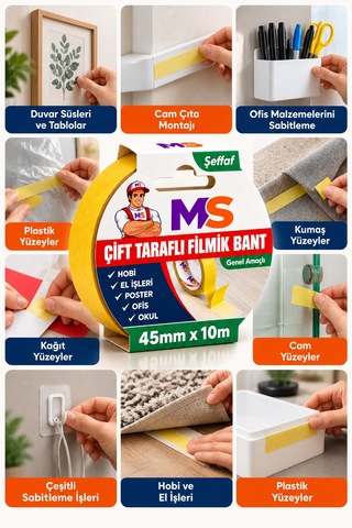 3 Adet Çift Taraflı Filmik Şeffaf Bant 45 Mm X 10 Metre Yapışkanlı Hobi Bandı El Çok Amaçlı Bantları