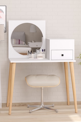 Elsa Makyaj Masası Aynalı Kapaklı Organizer Dolaplı Çekmeceli Bey