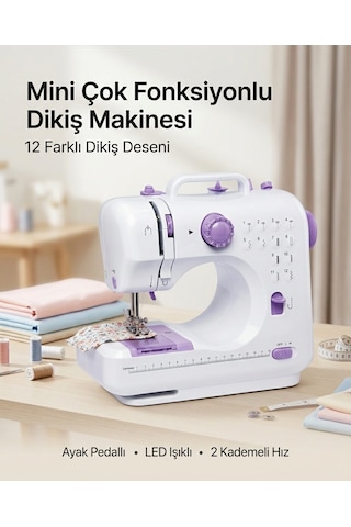 Shnstore Ev Tipi Mini Dikiş Makinesi Ayak Pedallı Led Aydınlatmalı 12 Farklı Dikiş Desenli Shntknd0720