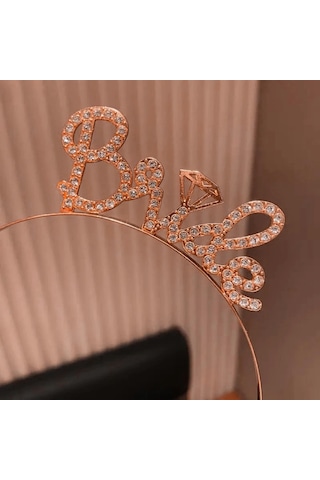 Mey İthalat Rose Gold Renkli Taşlı Bride Gelin Tacı El Yazısı Yazı Tipiyle