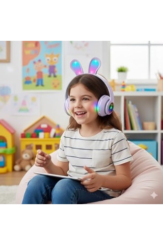 Tavşan Kulaklı Bluetooth Kulaklık, Renkli Led Işıklı, 5.0 Versiyon, Ayarlanabilir Büyüklük, Hafıza Kart Giriş