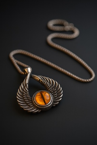 Dragon Eye Modeli Kanat Tasarımlı Sarı Göz Kolyeli Antik Çelik Erkek Kadın Kolye Gri - Sarı