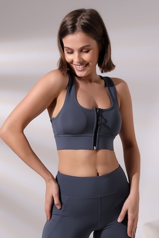 EMFURE Füme Fermuarlı Spor Büstiyer - Sports Bra / Crop Destekli Spor Sütyeni Füme
