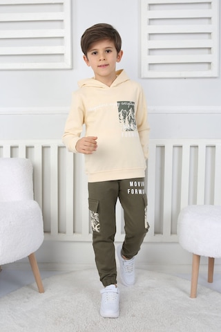 Moving Forward Kargo Cep Kapüşonlu 2 İplik Şardonlu Alt-üst Erkek Çocuk Eşofman Takımı Ekru