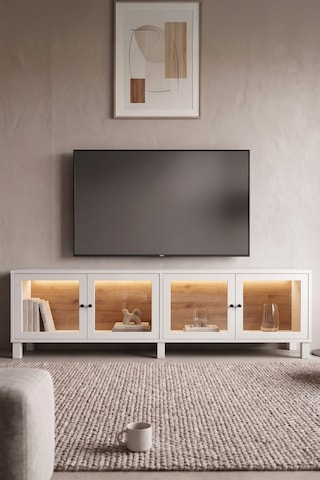 Yurudesign Yoda Temperli Cam Kapaklı Neon Led Işıklı Tv Ünitesi Tv Sehpası Vitrin Ahşap Ayaklı Sepet-beyaz Yd14-sw