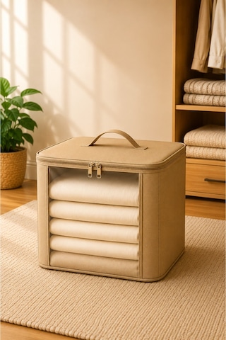 5'li Set Şeffaf Kapaklı Hurç 28x32x15 Cm Orta Boy Dolap İçi Kıyafet Ve Havlu Düzenleyici Altın