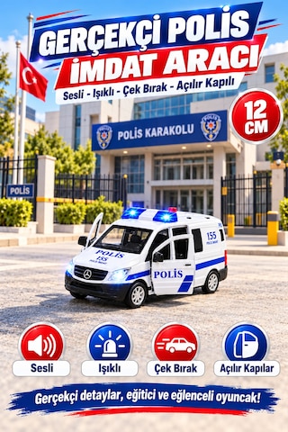 Oyuncak Metal Işıklı Sesli Çek Bırak Özellikli Ön Ve Arka Kapılar Açılır Ambulans-polis-itfaiye-askeri Jandarma Minibüsü 12 Cm Mavi