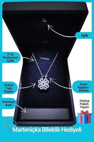 Işıklı Premium Kutuda | 4 Kalpli Yonca Kolye | Mıknatıslı | 14 Şubat Sevgililer Günü Hediyesi