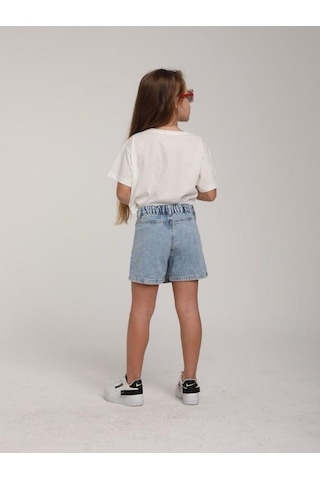 Escabel Kız Çocuk Pamuklu Yuvarlak Yaka Yarım Kol Simli T-shirt-15662 Beyaz