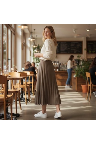 Eren Style Pileli Pamuklu Diyagona Beli Lastikli Etek 95 Cm - 38-50 Krem