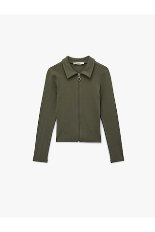 Koton Fermuarlı Slim Fit Gömlek Yaka Kaşkorse Uzun Kollu Tişört Haki 6wal10120ık Haki