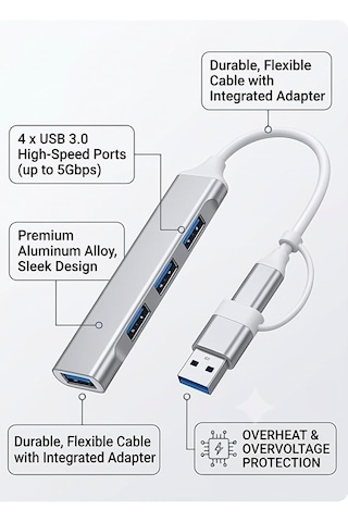 Usb 3.0 Hub, 4 Portlu Alüminyum Usb Çoklayıcı, Çift Giriş
