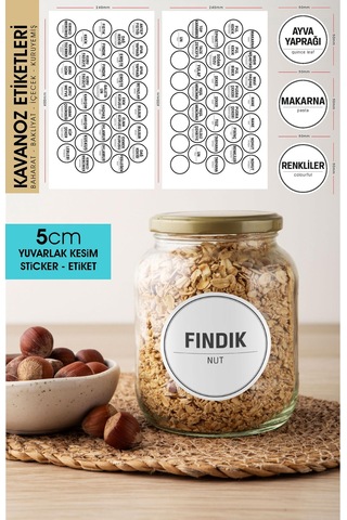 Beyaz Yuvarlak Kesim Baharat, Bakliyat Etiket Modeli V2 - 5cm - 70 Adet Folyo Sticker Siyah
