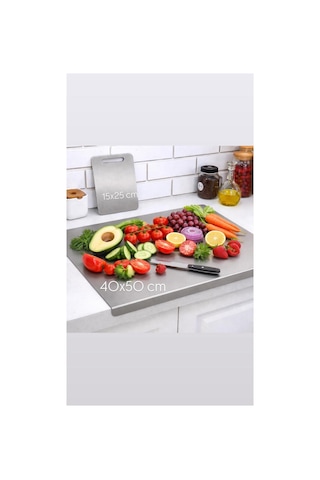 2'li Set Paslanmaz Çelik Tezgah Koruyucu 40x50cm + Paslanmaz Çelik Kesme Tahtası 15x25cm Gri