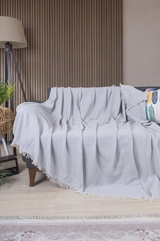 Pamuklu Zikzak Desenli Püsküllü Koltuk Örtüsü 170x210 Cm Dekoratif Ve Çok Amaçlı Gri