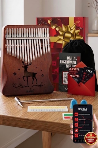 Klx-520 Hakiki Ağaç Kalimba Geyik Desenli Ahşap Full Set 17 Çelik Tuşlu