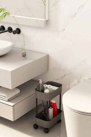 Çok Amaçlı 2 Katlı Banyo Dolabı, Evye Altı Düzenleyici Dolap Içi Tezgah Altı Tekerlekli Organizer - Gri