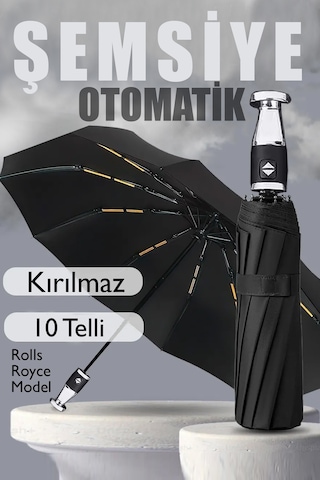 Fithome Tam Otomatik Roll Royce Model Şemsiye 10 Fiber Tel Rüzgarda Kırılmaz Şemsiye Siyah