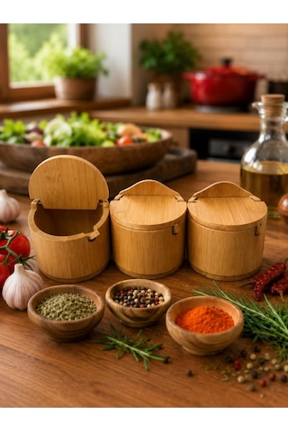 3'lü Kaşıklı Bambu Baharatlık Seti Kapaklı Saklama Kabı Kahve Şeker Tuz Kuruyemiş Organizer Şekerlik