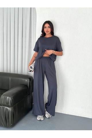 Freedom Storee Kadın Osy Modal Yumuşak Dokulu Kumaş Bisiklet Yaka T-shirt Bol Paça Pantalon İkili Takım -antrasit Çok Renkli