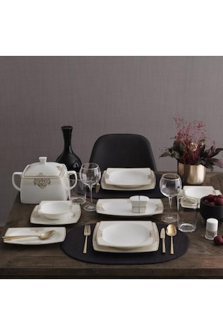 Güral Porselen Beyaz Carolıne Kare Bone Yemek Takımı 85 Parça