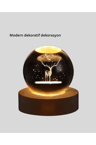 Led Işıklı Geyikli Kristal Küre Ahşap Standlı Modern Dekor Lamba -