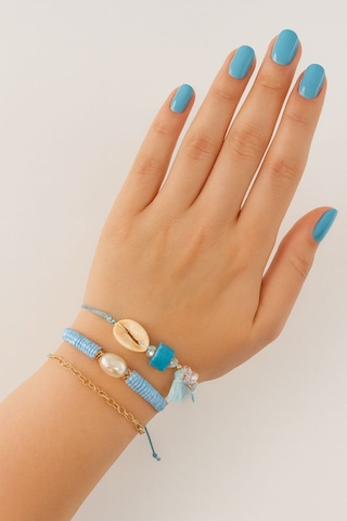 3lü Deniz Kabuğu İncili Boncuklu Püsküllü Asansörlü Lastikli İp Bileklik. Kadın İp Bileklik Halhal Çok Renkli