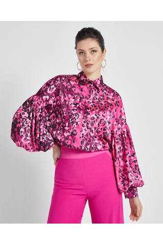 Serpil Exclusive Kadın Leopar Desenli Gömlek - Balon Kol - Saten - Modern Ve Şık Tasarım - Günlük Ve Özel Gün Kullanımı İçin Gömlek Fuşya