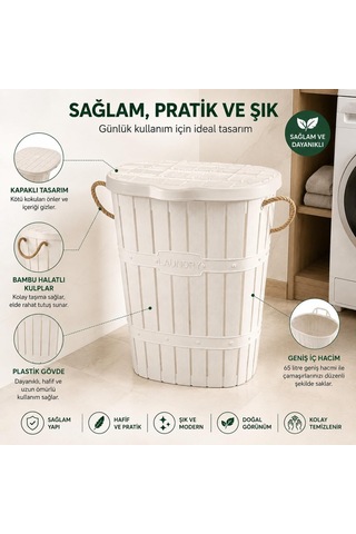65 L Bambu Halat Kulplu Kirli Çamaşır Sepeti Kapaklı Plastik Gövde 58 X 45 X 35 Cm Havalandırmalı Çamaşır Saklama Sepeti Beyaz Çok Renkli